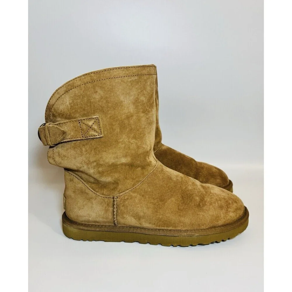 UGG Remora Short Boots Womens Size 9 Chestnut Leather Shearling Fur Lined